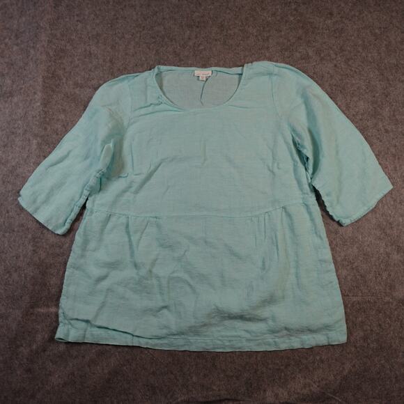 J. Jill Top Womens 1X Linen Blend Blouse 3/4 Sleeve Beachy Blue Crew Neck - Picture 1 of 9